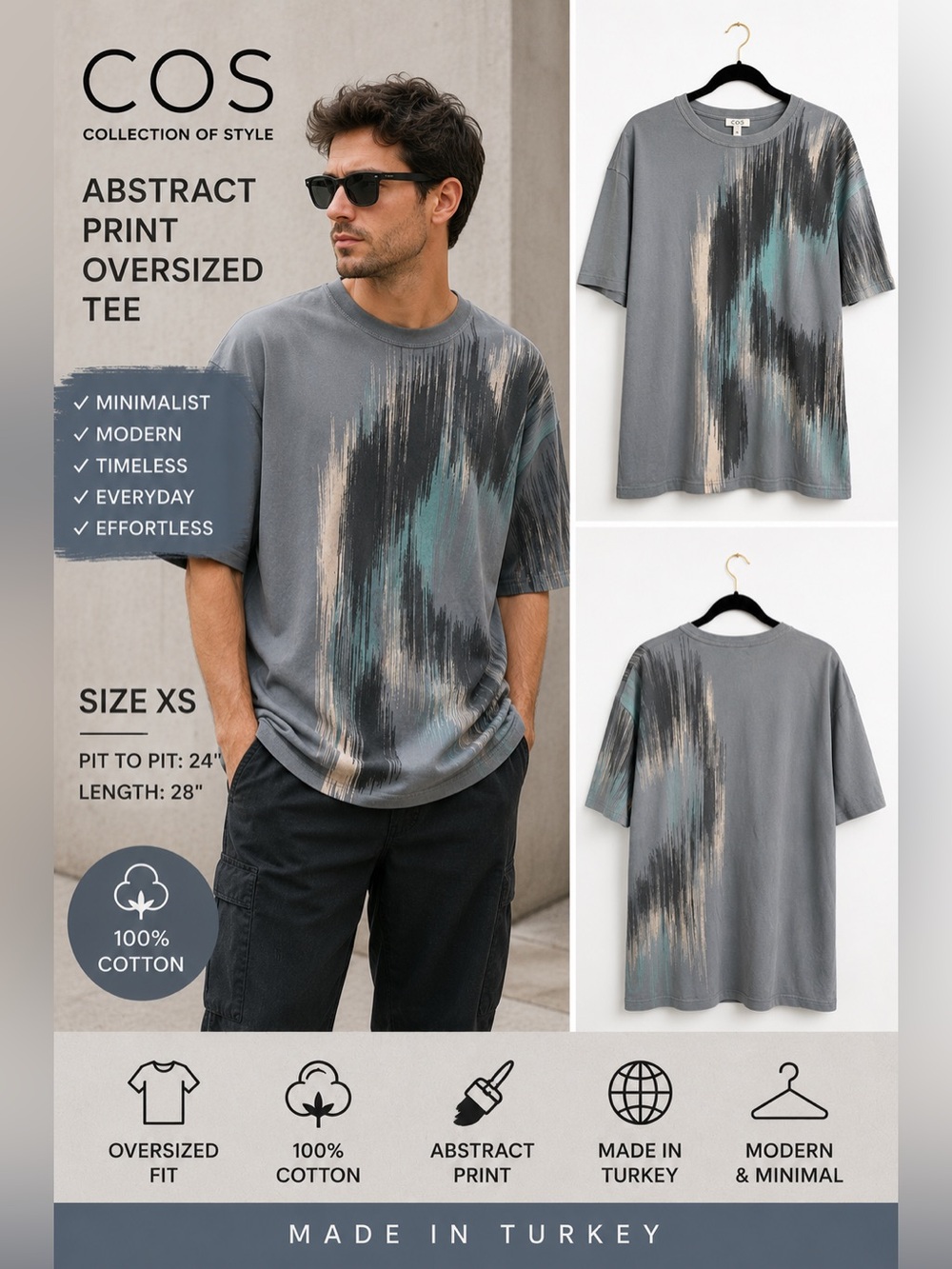 COS Abstract Print Oversized Tee - Gray with Teal & Beige Accents Size XL